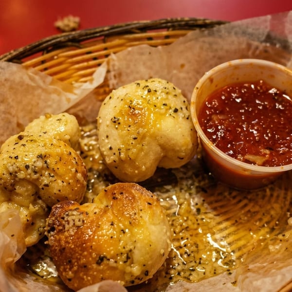 Garlic knots with herbs and cheese, served in a basket with a side of marinara sauce.