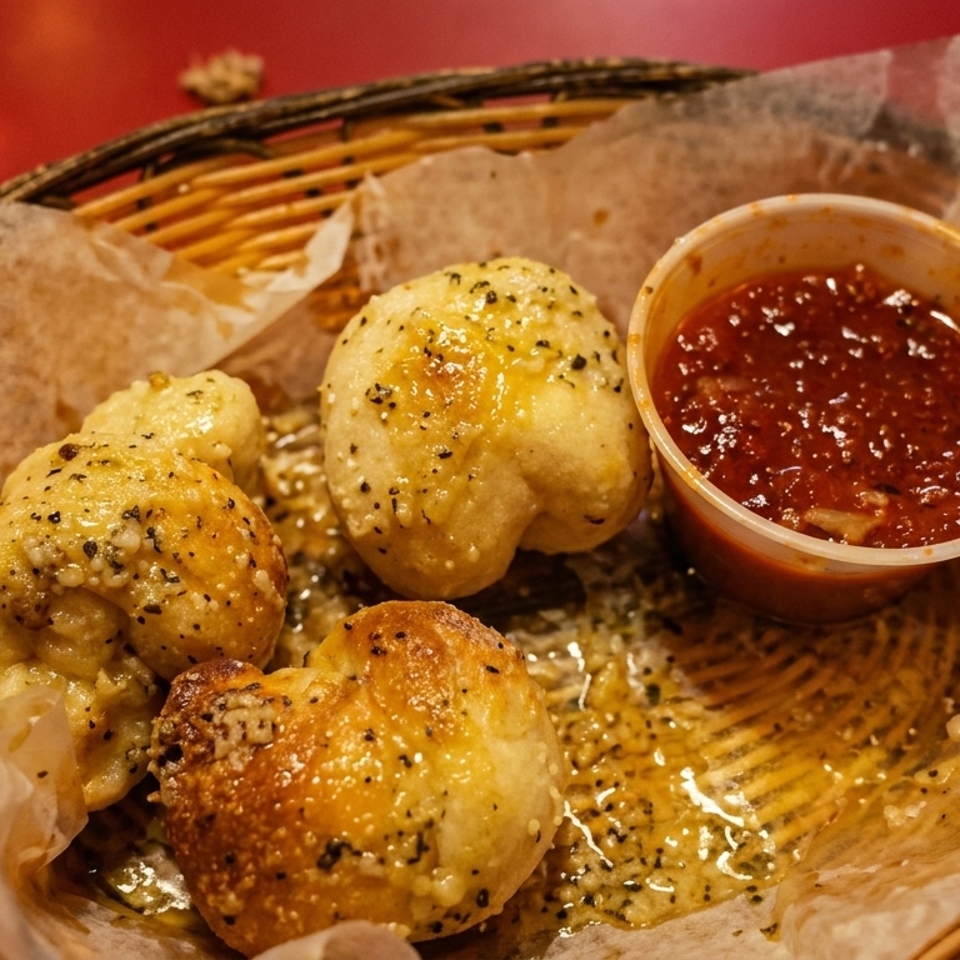 Garlic knots with herbs and cheese, served in a basket with a side of marinara sauce.