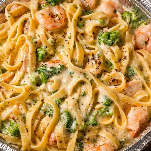Creamy fettuccine pasta with shrimp and broccoli in a foil takeout container.