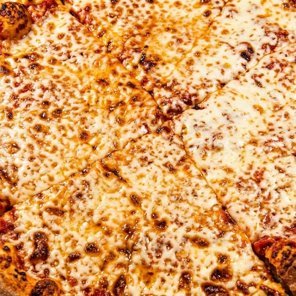 A whole, sliced cheese pizza with a golden-brown crust sits in a cardboard box.