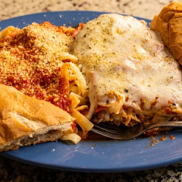 A blue plate with lasagna, spaghetti with red sauce and parmesan, and two pieces of bread.