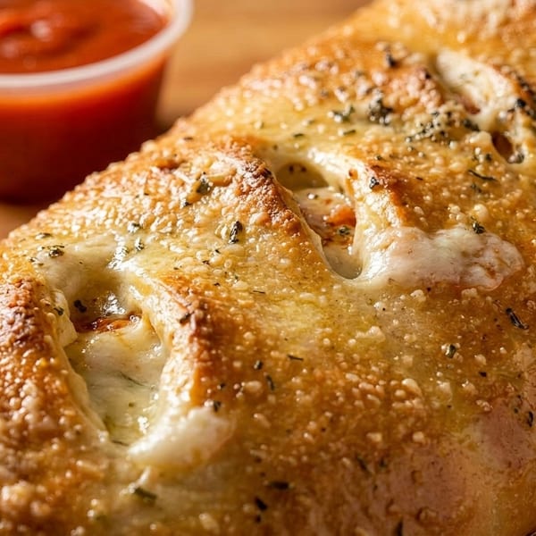 Golden-brown calzone with melted cheese and herbs, served with a side of red marinara sauce.