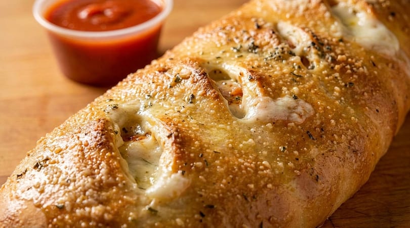 Golden-brown calzone with melted cheese and herbs, served with a side of red marinara sauce.